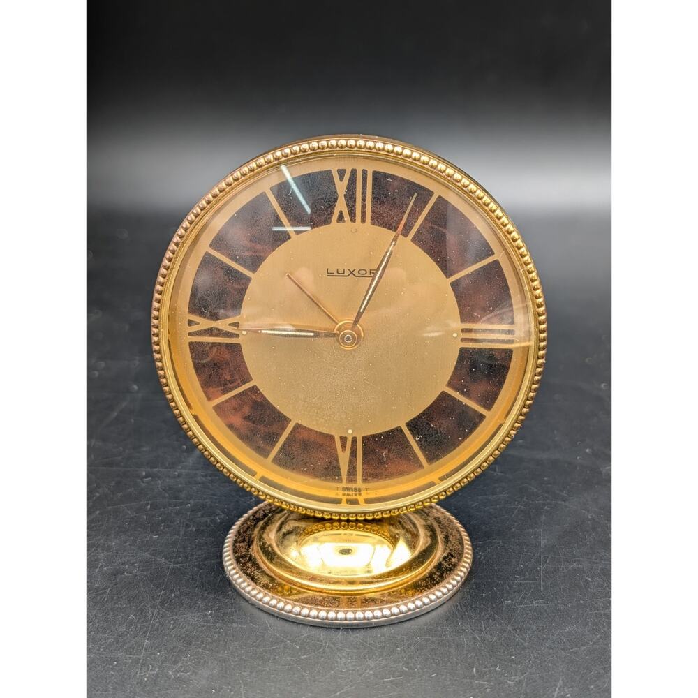 Vintage LUXOR Swiss Made Desk Alarm Clock Tortoise Dial Brass Mid Century Works